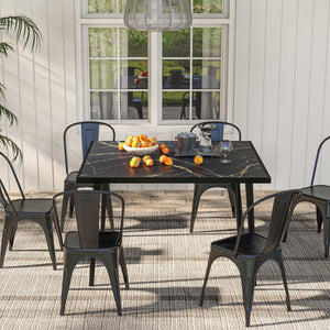 Outdoor dining table with tempered glass top with marble effect, black