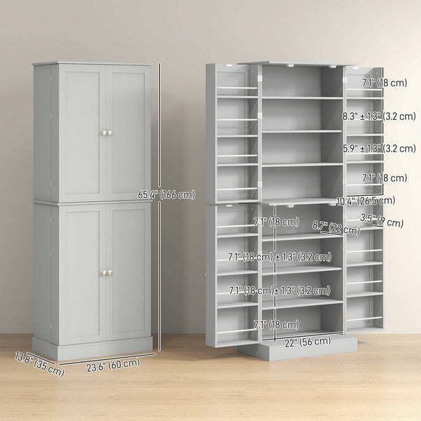 65-inch Kitchen Cabinet, Pantry with 4 Doors and 16 Shelves for Dining Room, Gray