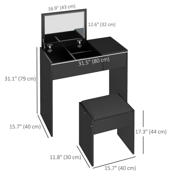 Modern dressing table with folding mirror and padded stool, black