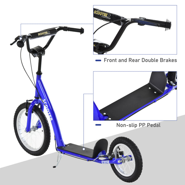 Scooter with adjustable handlebars, double brakes, inflatable wheels, dark blue