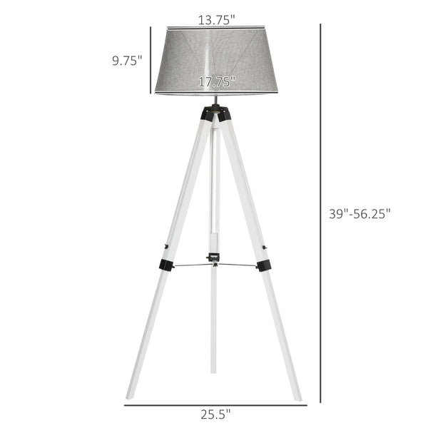 Adjustable height wooden tripod floor lamp, white and grey