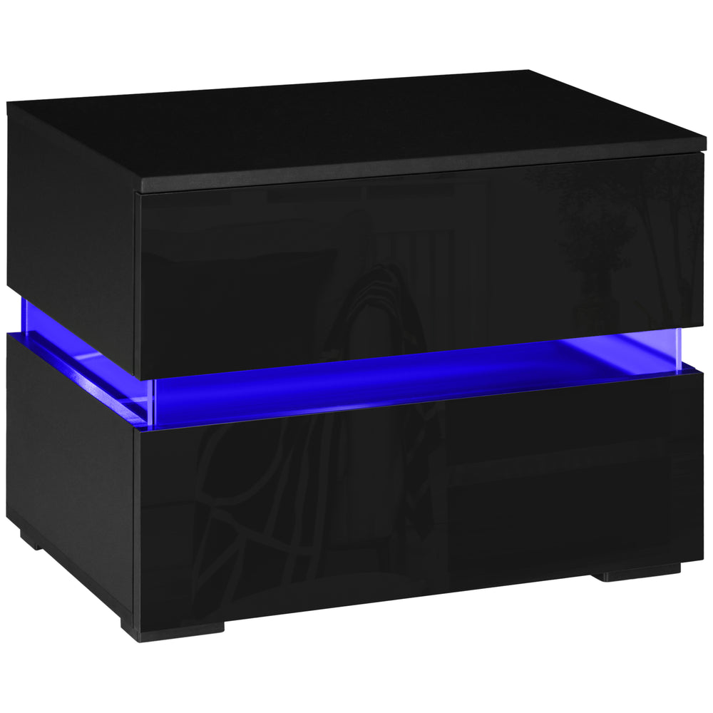 Modern Bedside Table with 2 Drawers and USB Powered RGB LED Lighting, Black.