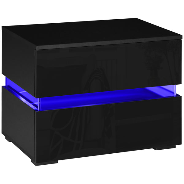 Modern Bedside Table with 2 Drawers and USB Powered RGB LED Lighting, Black.