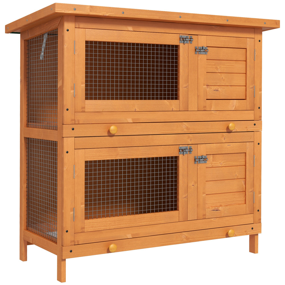 2-level wooden hutch with pull-out tray and opening lid