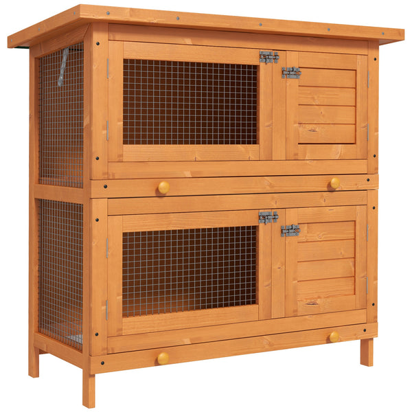 2-level wooden hutch with pull-out tray and opening lid