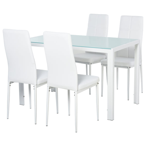 Rectangular 5-piece kitchen set with glass table and chairs, faux leather upholstery, white.