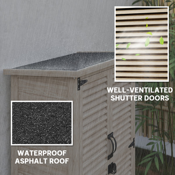 Wooden garden shed with waterproof asphalt roof, shelves, natural color