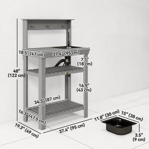 Outdoor potting table with tap, removable sink, hooks and storage shelves