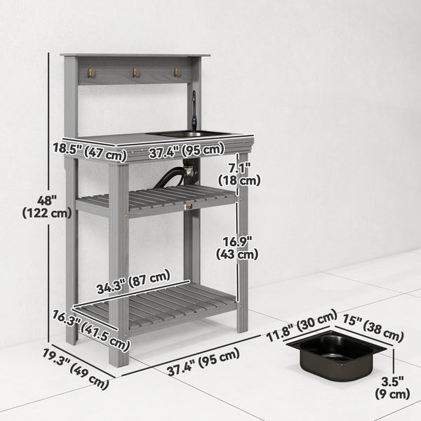 Outdoor potting table with tap, removable sink, hooks and storage shelves