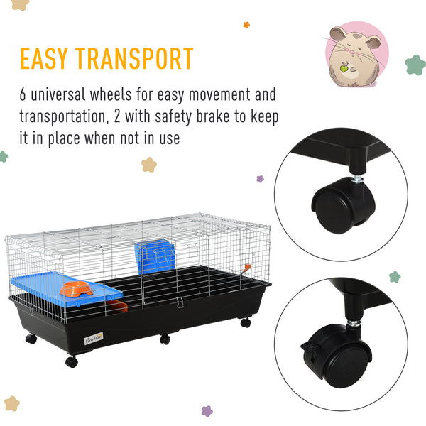 47" Rolling cage with a feeding bowl, a water bottle and an access ramp