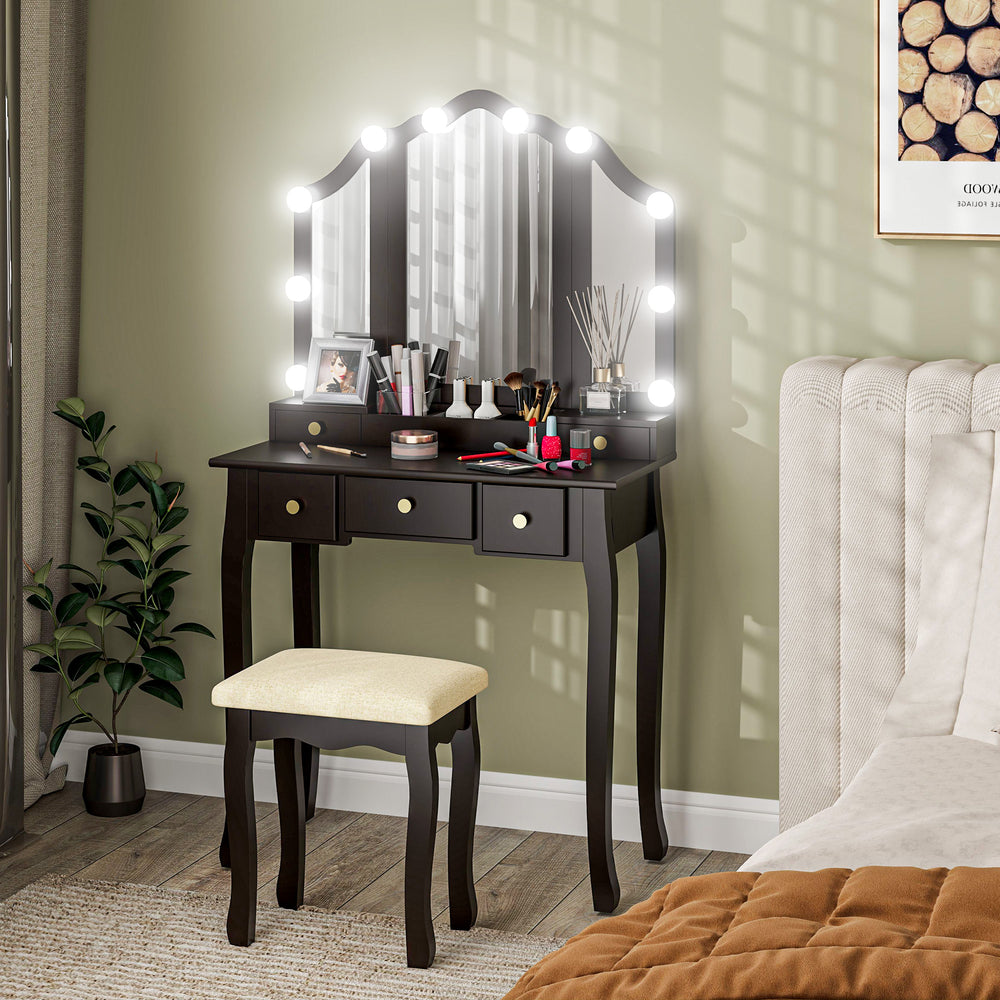 Dressing table with stool, 10 LED lights, 5 drawers and 3 compartments, black