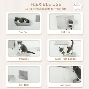 Set of 7 wall shelves and perches with house, grey