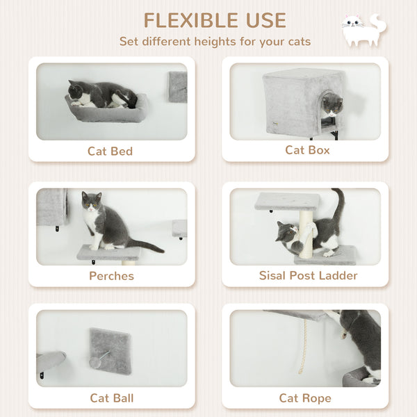 Set of 7 wall shelves and perches with house, grey