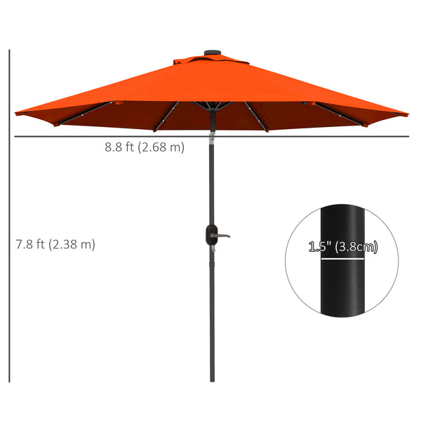 2.7m Outdoor Solar Patio Umbrella with 24 LEDs and Tiltable Canopy, Orange