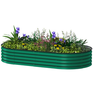 Raised outdoor planter made of galvanized steel with metal support, green