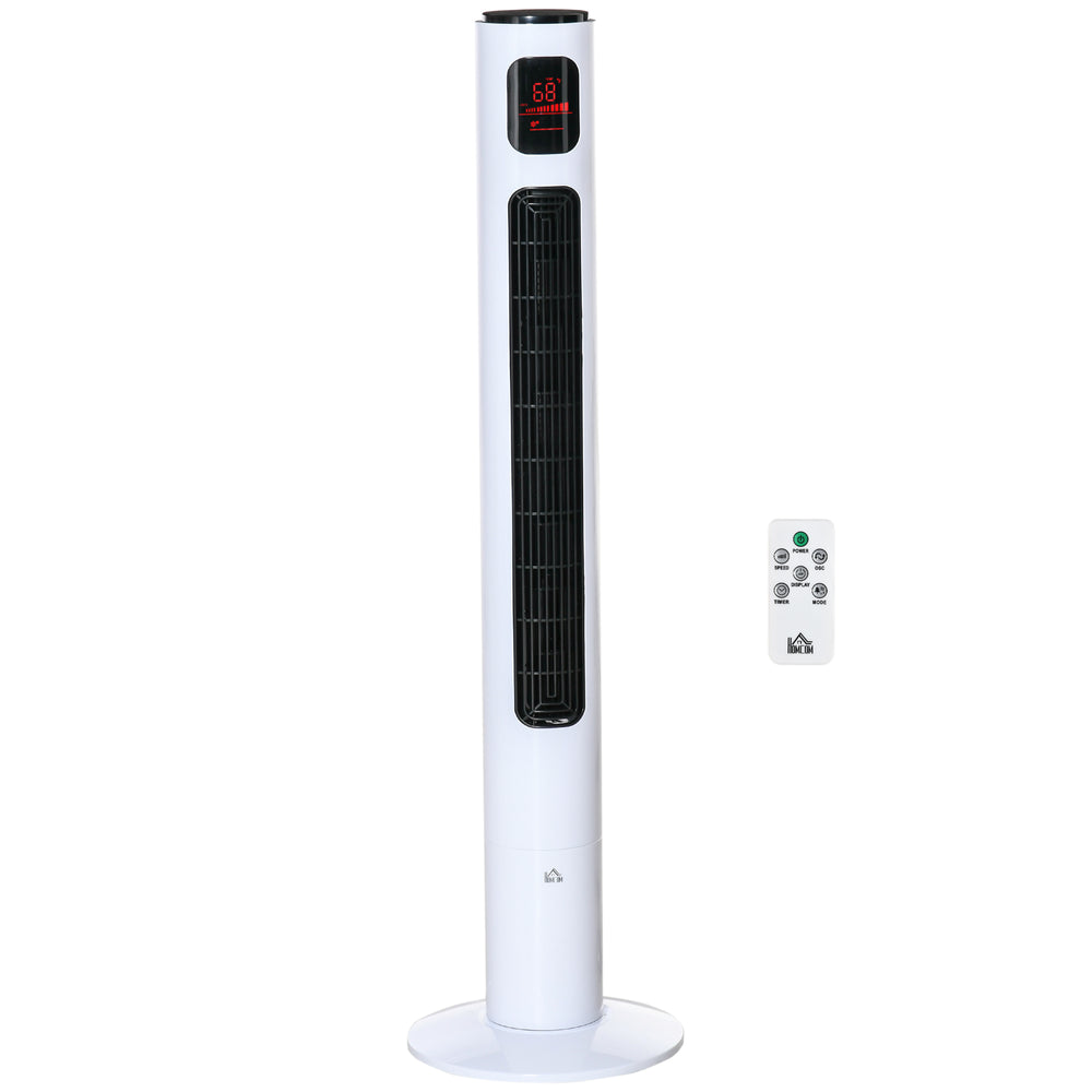 Ventilateur colonne blanc avec télécommande, panneau LED, minuterie 12 heures et 3 vitesses pour une ventilation efficace et discrète
