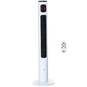 Freestanding tower fan with 3 speeds, 12-hour timer, LED sensor panel, remote control, white