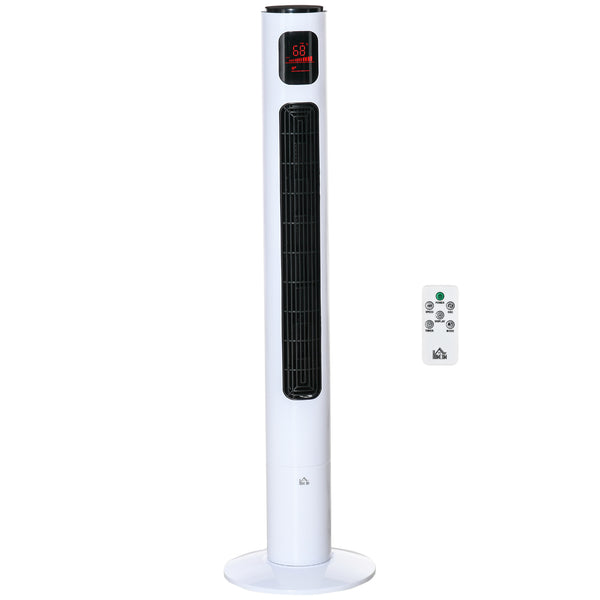 Freestanding tower fan with 3 speeds, 12-hour timer, LED sensor panel, remote control, white