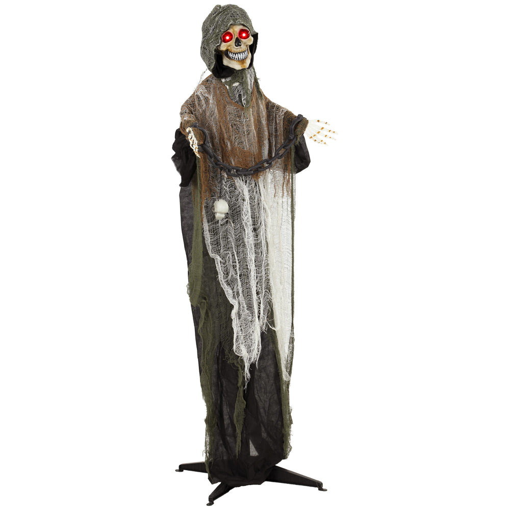 5.6-ft Animated Chained Reaper with LED Eyes, Sounds, and Motion – Black, White, and Brown