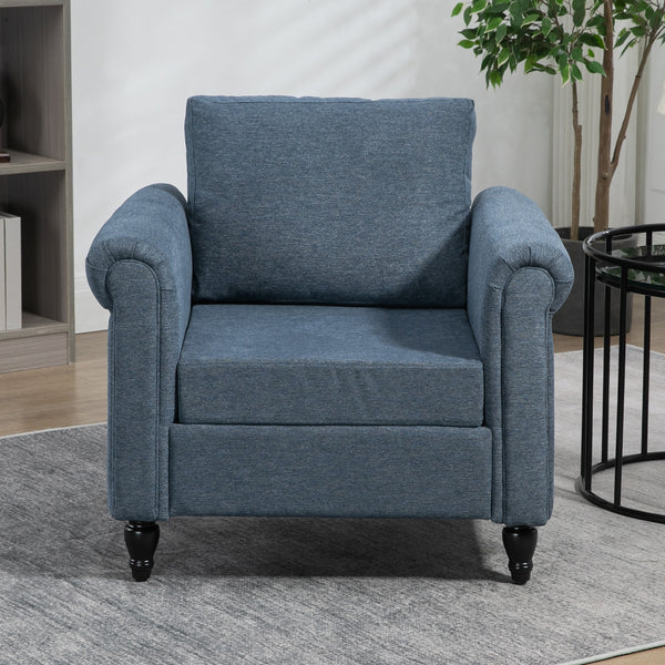Upholstered accent chair with rolled arms and rubberwood legs, dark blue