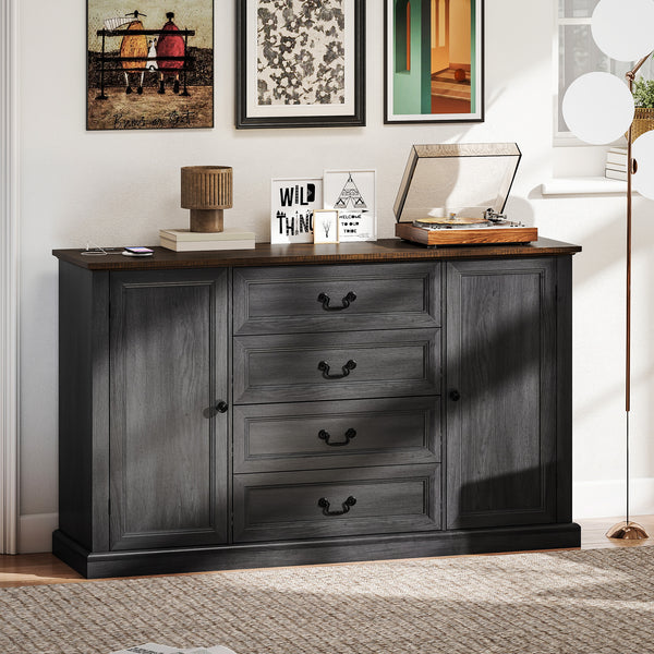 Farmhouse-style buffet with charging station, 4 drawers and 2 doors, black
