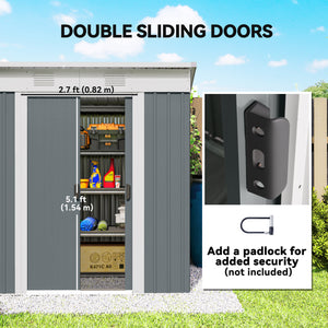 Metal garden shed with lockable sliding doors and ventilation, grey