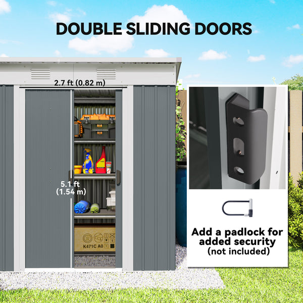 Metal garden shed with lockable sliding doors and ventilation, grey