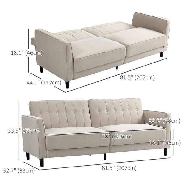 Convertible sofa bed in tufted fabric with adjustable backrest, beige