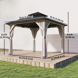 10' x 10' outdoor gazebo with double rigid steel roof, wood frame, curtains and hooks, light grey