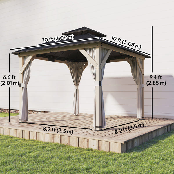 10' x 10' outdoor gazebo with double rigid steel roof, wood frame, curtains and hooks, light grey