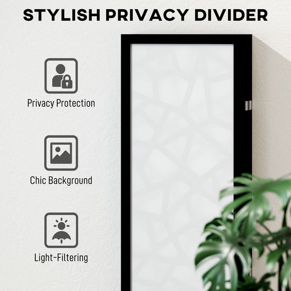 6-panel folding screen, 1.70 m, lightweight and foldable, geometric pattern, black