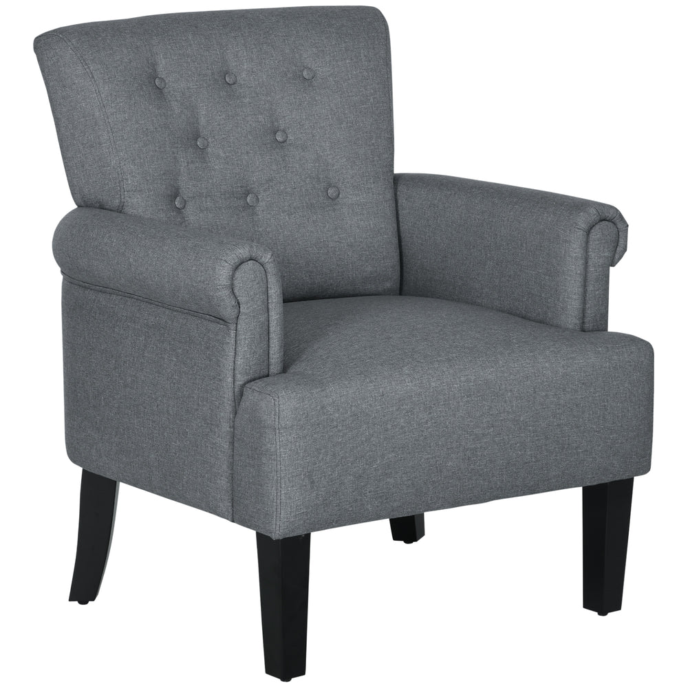 Fabric accent chair with wooden legs and rounded armrests, gray