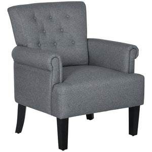 Fabric accent chair with wooden legs and rounded armrests, gray