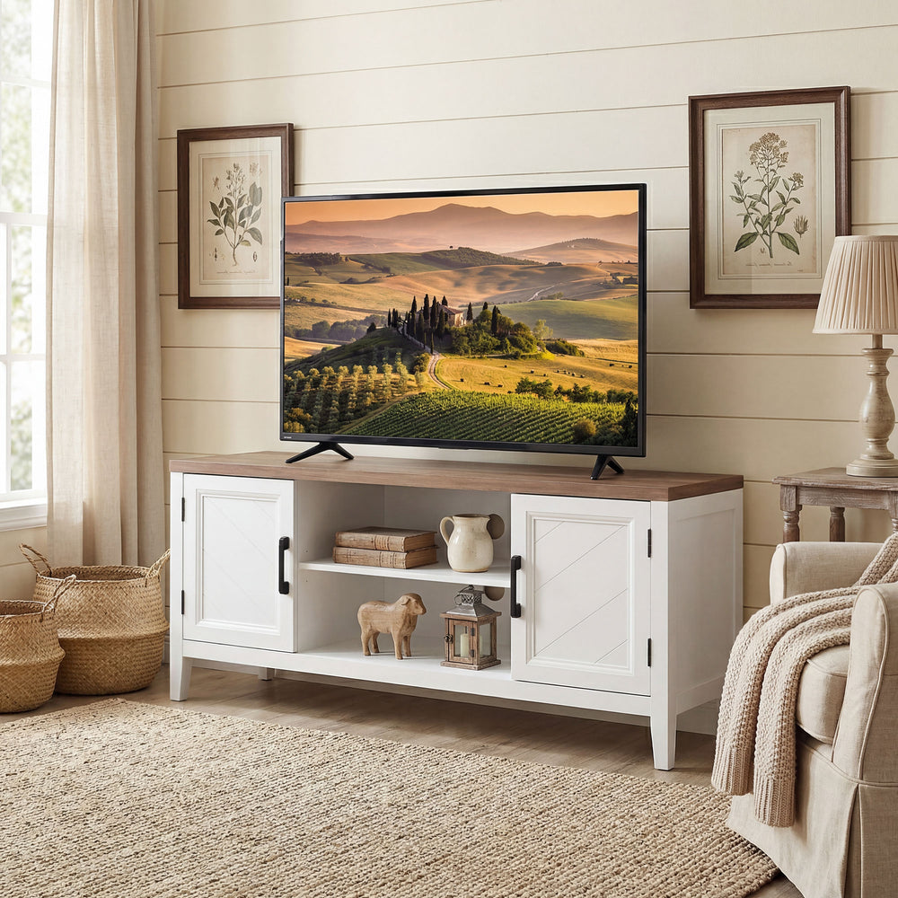 TV stand for up to 55-inch TVs with 2 open shelves, 2 cupboards, thick top, white and brown