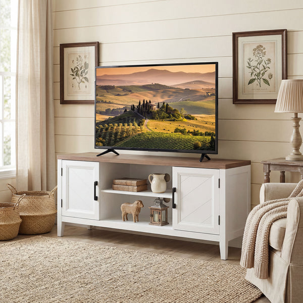 TV stand for up to 55-inch TVs with 2 open shelves, 2 cupboards, thick top, white and brown