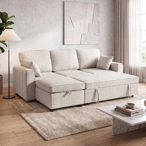 Modular sectional sofa bed with reversible storage ottoman and spring cushions, beige