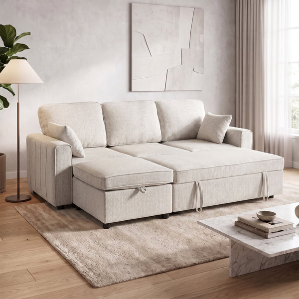 Modular sectional sofa bed with reversible storage ottoman and spring cushions, beige