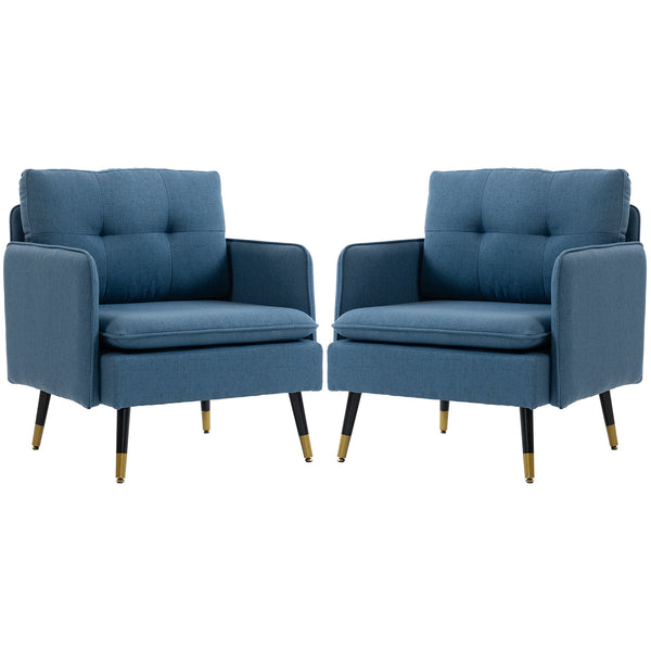 Set of 2 upholstered accent chairs with tufted backrests and steel legs