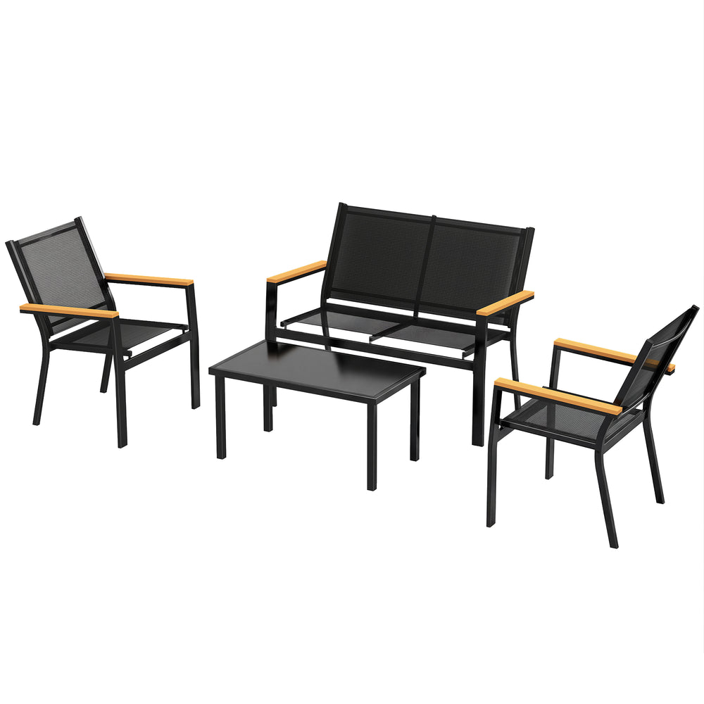 4-piece garden furniture set with sofa and tempered glass coffee table, black.