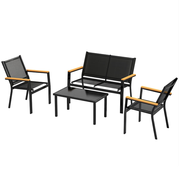 4-piece garden furniture set with sofa and tempered glass coffee table, black.