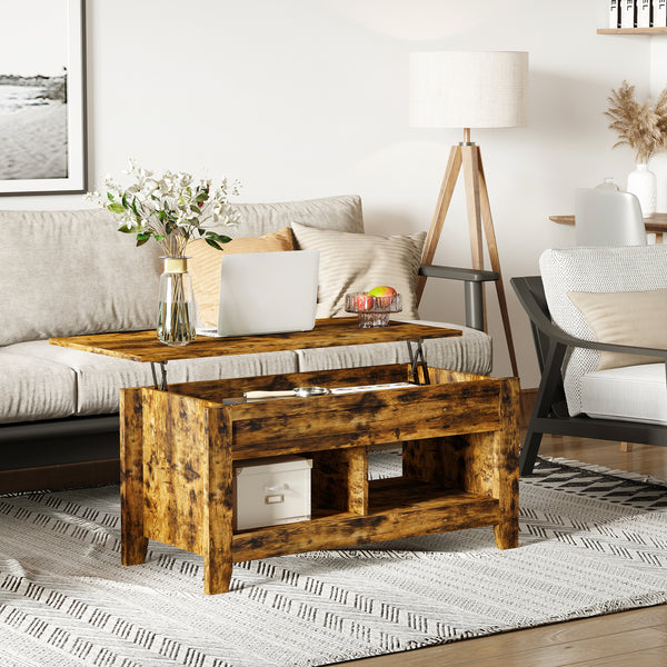Lift-top coffee table with hidden storage compartment and open shelves, brown
