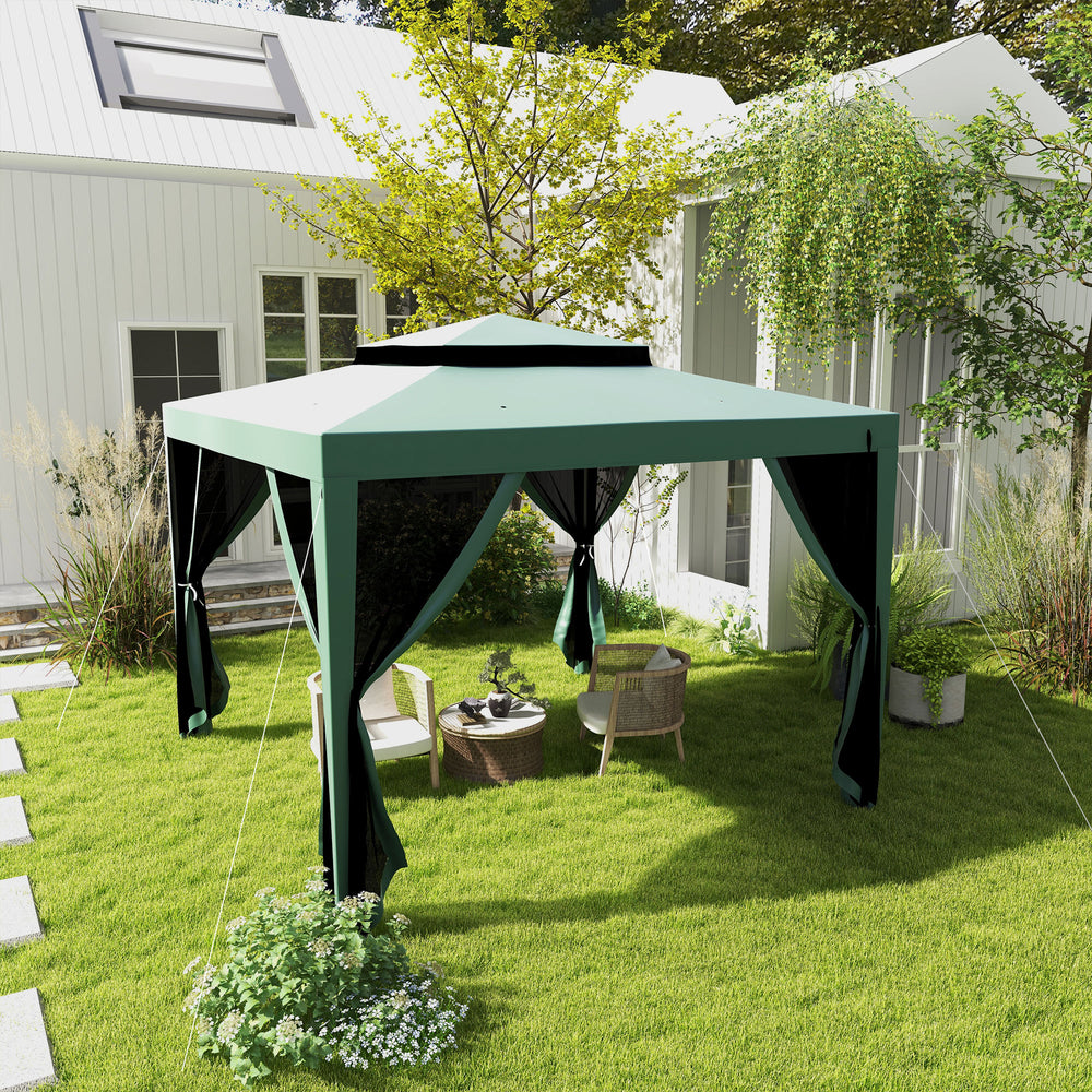 10' x 10' Outdoor Canopy Tent Party Tent with Mesh Netting and Double Tier Roof for Backyard, Garden, Patio, Green