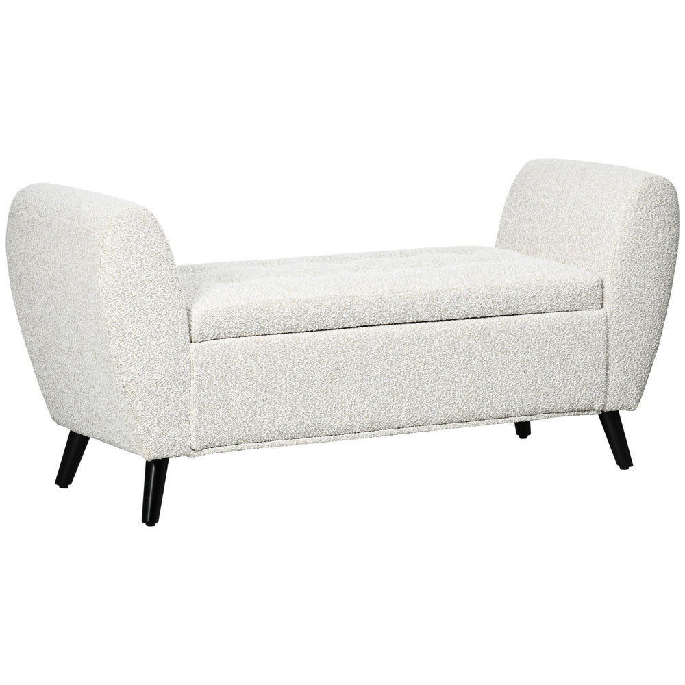 Upholstered storage bench with armrests, cream white