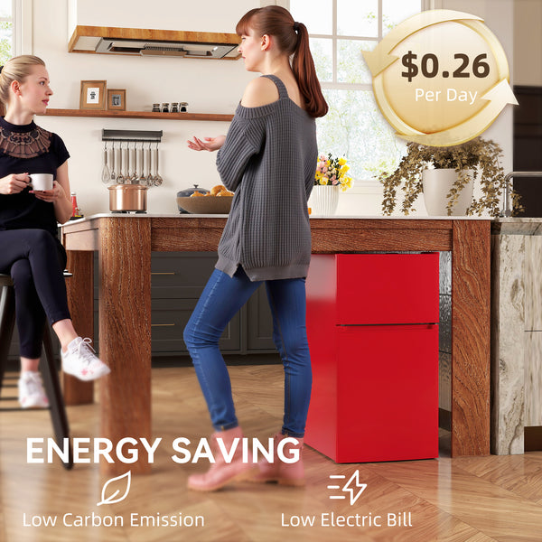 3.2 cu. ft. Compact Refrigerator, Mini Fridge with Freezer, Adjustable Shelves and Reversible Doors, Red