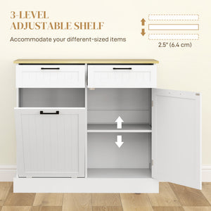 Tilt-out trash can cabinet with 2 drawers, white