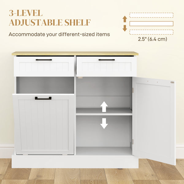 Tilt-out trash can cabinet with 2 drawers, white