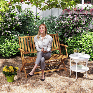 Folding wooden outdoor bench with backrest and armrests for outdoor use, teak