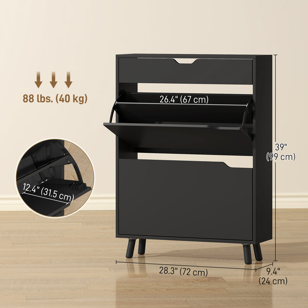 Black shoe cabinet with 2 tilt drawers and top drawer – Holds up to 12 pairs