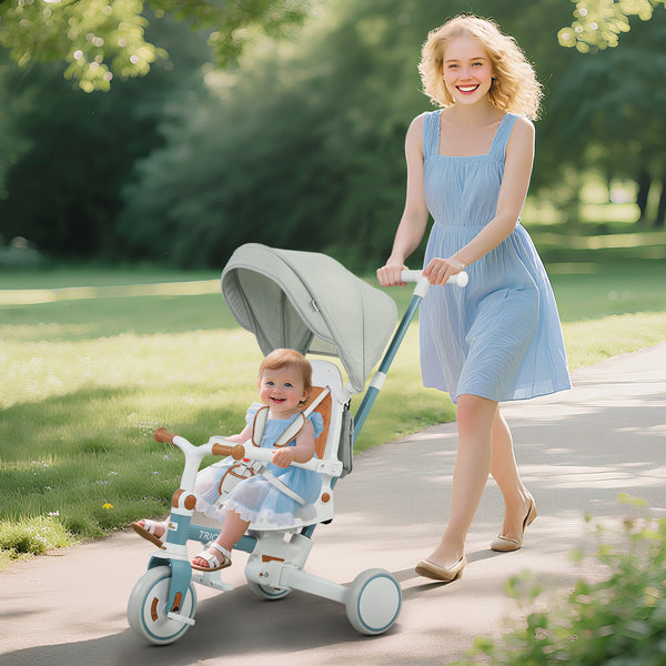 7 in 1 Toddler Tricycle with Safety Harness, Blue and Gray