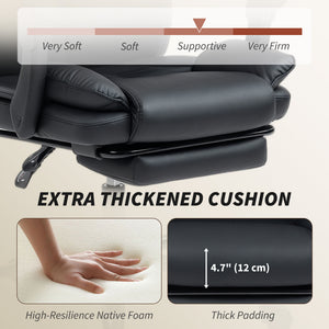 Reclining office chair with pet-friendly fabric upholstery, headrest, footrest, and swivel casters, black